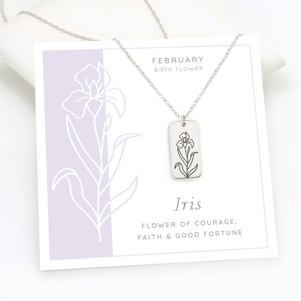 Iris Necklace, February Birth Month Flower Necklace, Personalized Tag Necklace Silver, Minimalist Floral Layering Birthday Gift for Sisters