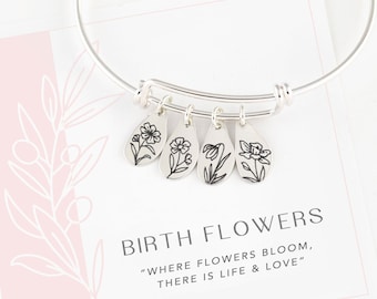 Silver Personalized Birth Month Flower Bracelet, Mother of 4, Birthday Gift for Grandma, Personalized Family Bracelet for Mom Christmas