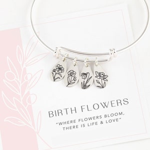 Silver Personalized Birth Month Flower Bracelet, Mother of 4, Birthday Gift for Grandma, Personalized Family Bracelet for Mom Christmas