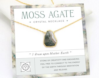 Moss Agate Gemstone Slice Necklace, Handmade Jewelry Gift Necklace on Card, Meditation Manifestation Crystal, Simple Layering Pendant Choker