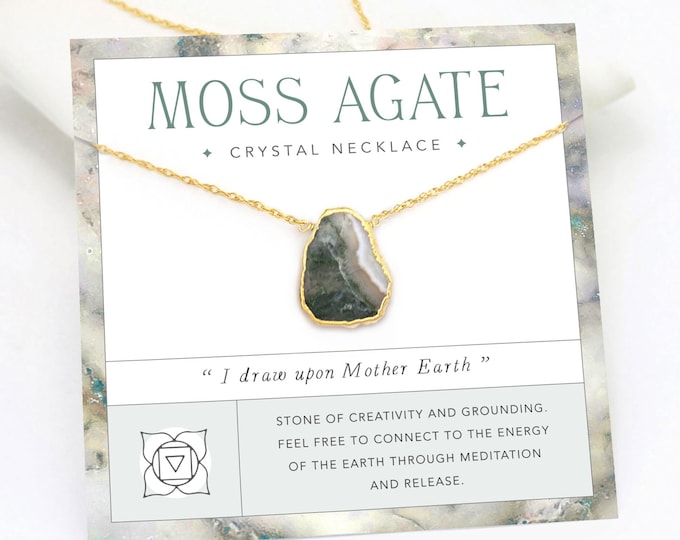 Moss Agate Gemstone Slice Necklace, Handmade Jewelry Gift Necklace on Card, Meditation Manifestation Crystal, Simple Layering Pendant Choker