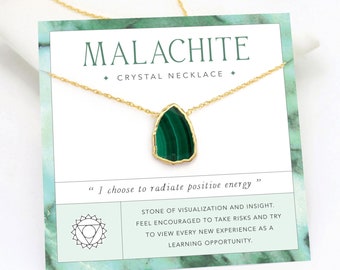 Malachite Slice Pendant, Green Gemstone Necklace, Positive Energy Crystal Gift, Gold Filled Layering Necklace, Graduation Gift for Teen 2024