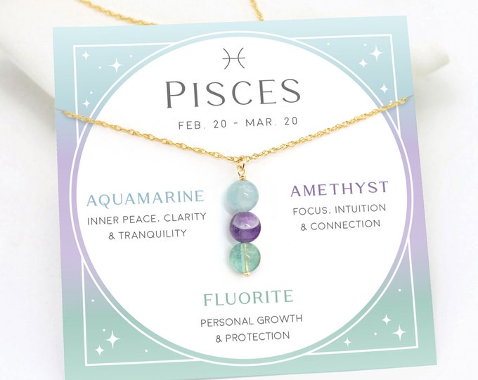 Pisces Crystal Necklace, Zodiac Sign Necklace Gift, Custom Beaded Crystal Set, Handmade Pendant, March Birthday Gift, Aquamarine Amethyst