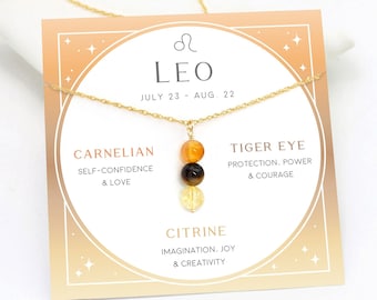 Leo Crystal Set Necklace, Dainty Zodiac Birthstone Necklace, Beaded Multicolor Gemstone Necklace, August Birthday Gift, Citrine Tiger Eye