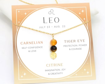 Leo Crystal Set Necklace, Dainty Zodiac Birthstone Necklace, Beaded Multicolor Gemstone Necklace, August Birthday Gift, Citrine Tiger Eye