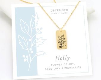 Collier fleur de naissance houx de décembre, idée cadeau pour nouvelle maman, collier à breloques gravé floral en or, bijoux personnalisés minimalistes