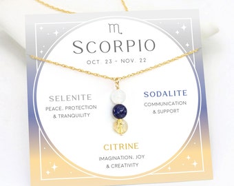 Scorpio Crystal Necklace Gift, Zodiac Crystal Set, Handmade Beaded Necklace, November Birthday Gift for Daughter, Selenite Sodalite Citrine