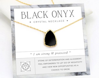 Black Onyx Pendant, Minimalist Crystal Protection Necklace, Layering Chain Gold Fill, Strength Encouragement Gift for Daughter Sister Friend