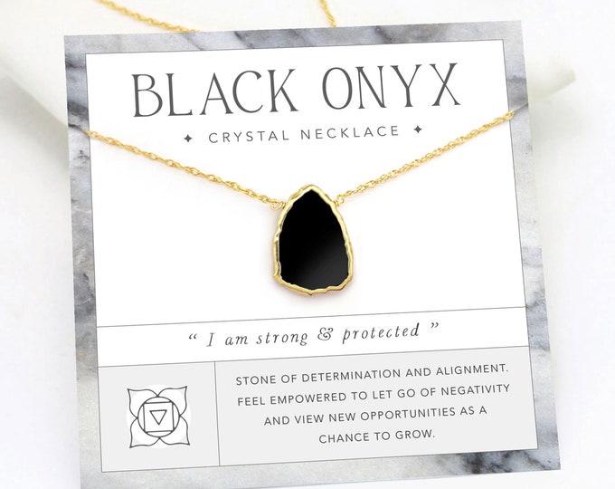 Black Onyx Pendant, Minimalist Crystal Protection Necklace, Layering Chain Gold Fill, Strength Encouragement Gift for Daughter Sister Friend