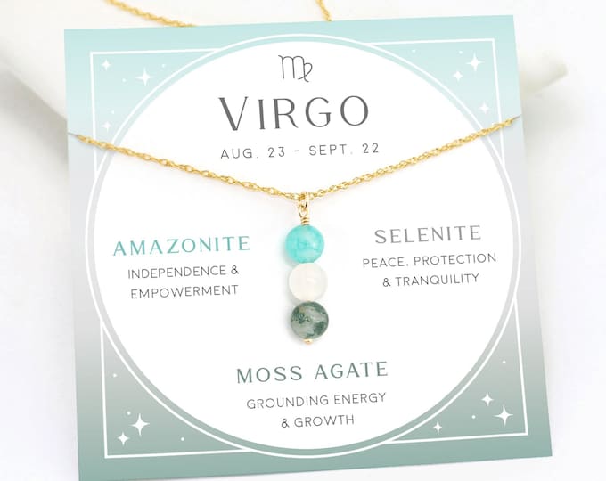 Virgo Crystal Necklace Gift, Zodiac Crystal Set, Handmade Beaded Necklace, September Birthday Gift for Her, Amazonite Selenite Moss Agate