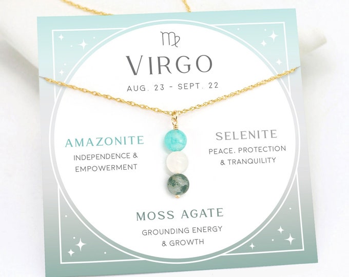 Virgo Crystal Necklace Gift, Zodiac Crystal Set, Handmade Beaded Necklace, September Birthday Gift for Her, Amazonite Selenite Moss Agate