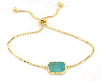 Natural Turquoise Gemstone Slice Chain Bracelet, Adjustable Chain bracelet,  Gemstone Energy Bracelet, Boho Layering bracelet