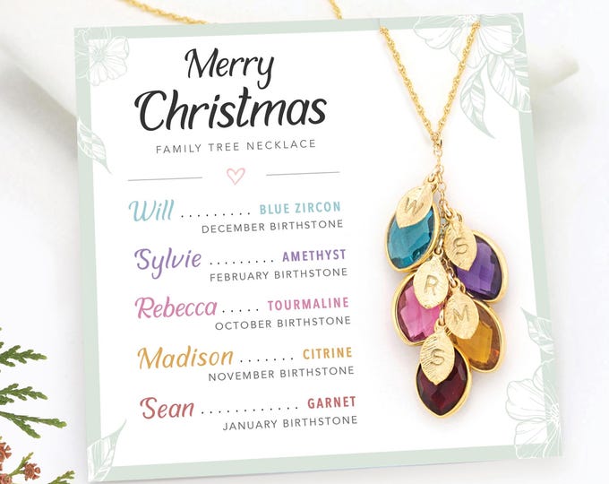 Mom Necklace Gift from Daughter, Christmas Gift Card Necklace From Son, Unique Personalized Gift for Mom of 5, Multi Birthstone Necklace