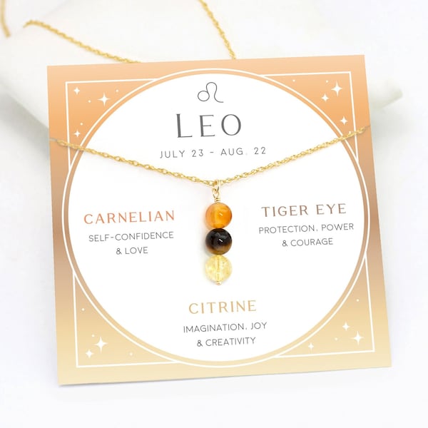 Leo Crystal Set Necklace, Dainty Zodiac Birthstone Necklace, Beaded Multicolor Gemstone Necklace, August Birthday Gift, Citrine Tiger Eye
