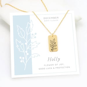 December Holly Birth Flower Necklace, Gift Idea for New Mom, Gold Floral Engraved Charm Necklace, Minimalist Personalized Jewelry