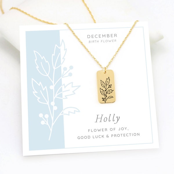 December Holly Birth Flower Necklace, Gift Idea for New Mom, Gold Floral Engraved Charm Necklace, Minimalist Personalized Jewelry