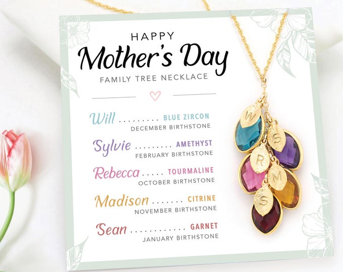 Mom Necklace Gift from Daughter, Mothers Day Gift Card Necklace From Son, Unique Personalized Gift for Mom of 5, Multi Birthstone Necklace