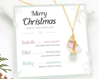Personalized Christmas Card, Raw Crystal Birthstone Necklace for Mom, Special Meaningful Gift from Daughter, Family Tree Jewelry Necklace
