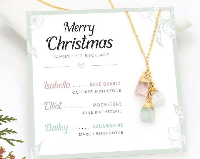 Personalized Christmas Card, Raw Crystal Birthstone Necklace for Mom, Special Meaningful Gift from Daughter, Family Tree Jewelry Necklace
