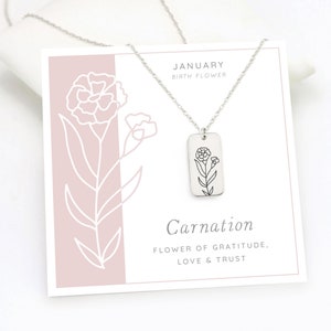 Collar de flor de clavel, collar de flor de nacimiento de enero, regalo de cumpleaños para mujeres, collar con dije de plata del mes de nacimiento, joyería hecha a mano