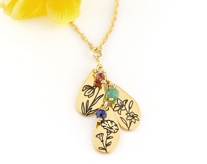 Floral Personalized Gifts For Mom From Daughter, Birthstones, Birth Flower Necklace Gold, Family Jewelry, Gift for Mom from Husband