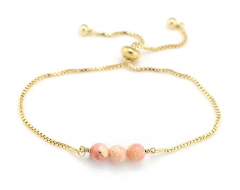 Natural Pink Opal Bracelet, Gold Adjustable Gemstone Bracelet, Natural Opal Beaded Bar Stacking Bracelet, October Pink Opal Birthstone Gift