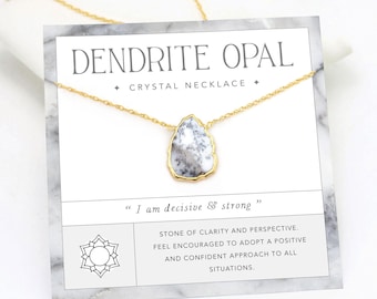 Dendrite Opal Necklace, Minimalist White Gemstone Pendant, Dainty Chain Everyday Layering Choker, Strength Confidence Crystal Birthday Gift