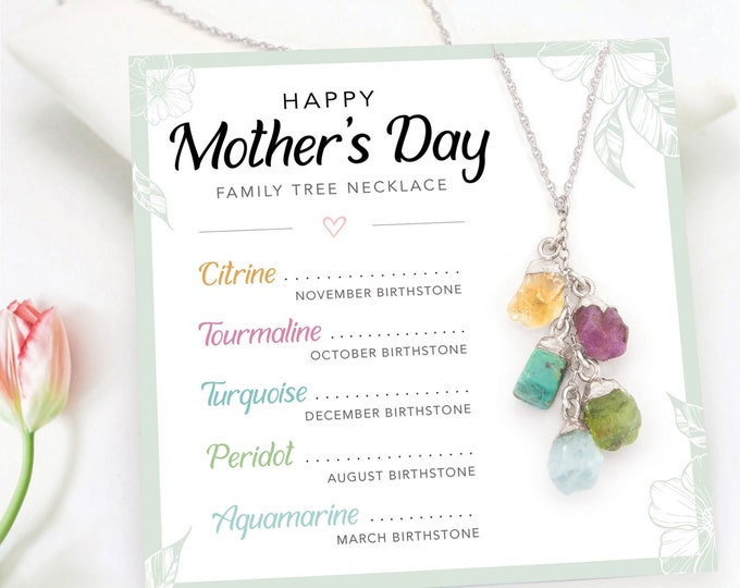 Silver Raw Crystal Dainty Birthstone Necklace for Grandma, Personalized Mothers Day Card with Kid's Names Meaningful Family Jewelry Gift