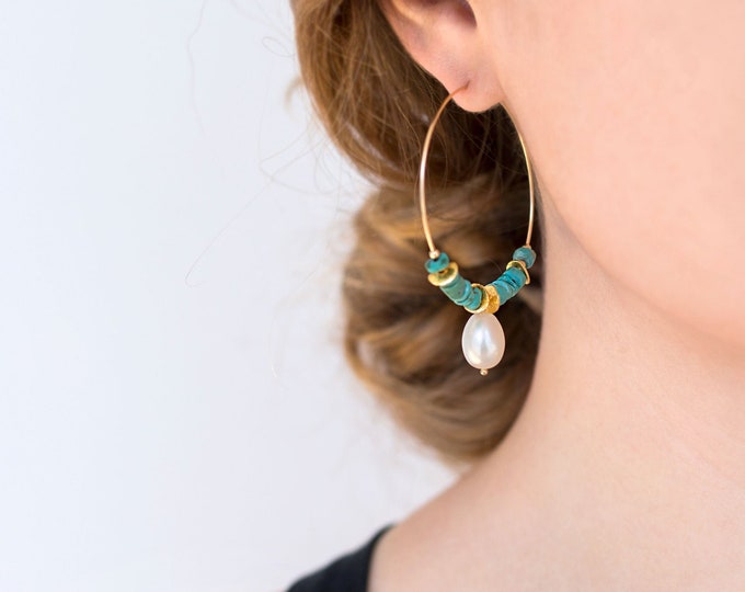 Turquoise and White Pearl Hoop Earrings, Turquoise Jewelry, Bridal Jewelry, Southwestern Jewelry, White Pearl Jewelry, Statement Jewelry Set