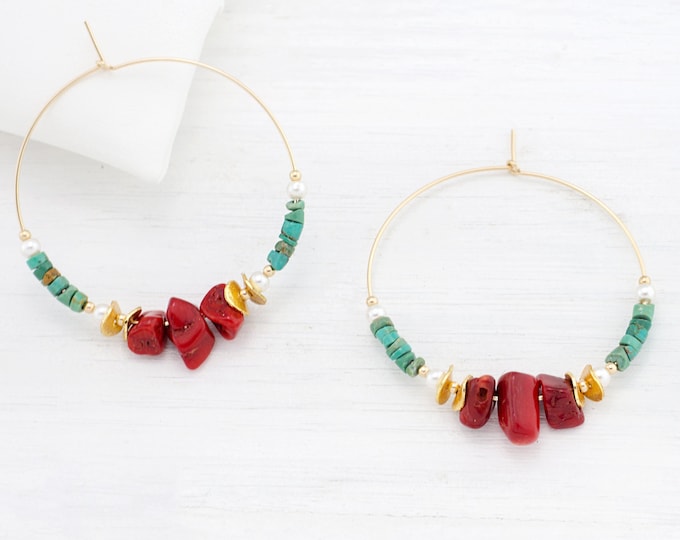 Rough Red Coral and Turquoise Hoop Earrings, Frida kahlo earrings, Southwestern Jewelry, Mexican Style Jewelry, Boho Statement Jewelry Set