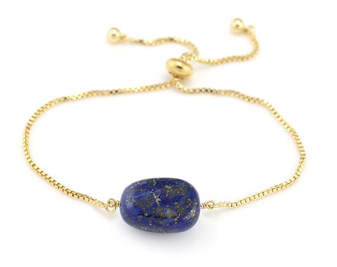 Natural Lapis Lazuli Adjustable Gold Bracelet, Crystal Tumble Stone Gift, Adjustable Stacking Everyday Bracelet, September Birthstone Gift