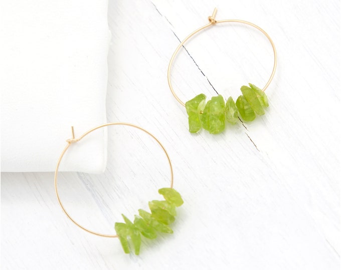 Raw Peridot Crystal Earrings, Genuine Gemstone Hoops, 14k Gold Fill Hoop, Birthstone Earrings, August Birthday Gift, Chartreuse Earrings