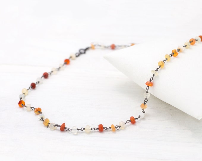 Tiny Fire Opals, Wire Wrapped Necklace, October Birthstones, Beaded Black Silver Choker, Multi Ombre Genuine Gemstones, Dainty Gift for Her