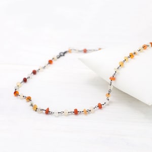 Tiny Fire Opals, Wire Wrapped Necklace, October Birthstones, Beaded Black Silver Choker, Multi Ombre Genuine Gemstones, Dainty Gift for Her