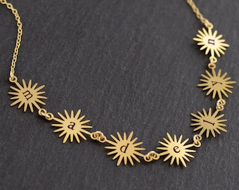 Engraved Gold Custom Name Necklace Personalized Gift, Spaced Letter Name Necklace, Sunburst Gold Minimalist Necklace
