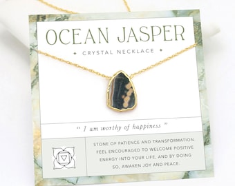 Ocean Jasper Unique Gemstone Pendant, Positive Energy Crystal Jewelry, Strength Encouragement Gift, Thin Gold Filled Chain Layering Choker