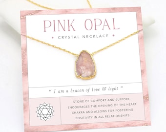 Pink Opal Gem Necklace, Love Heart Chakra Crystal Choker, Comfort Support Condolences Breakup Gift, Dainty Gold Chain, October Birthstone