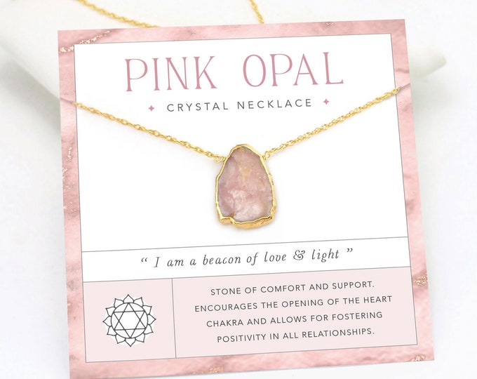 Pink Opal Gem Necklace, Love Heart Chakra Crystal Choker, Comfort Support Condolences Breakup Gift, Dainty Gold Chain, October Birthstone
