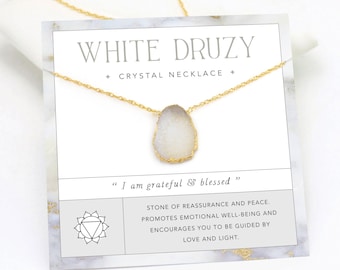 White Druzy Crystal Necklace, Peace Crystal Necklace on Card Gift, Raw Cut Gemstone Slice Pendant, Minimalist Stone Layering Choker Gold