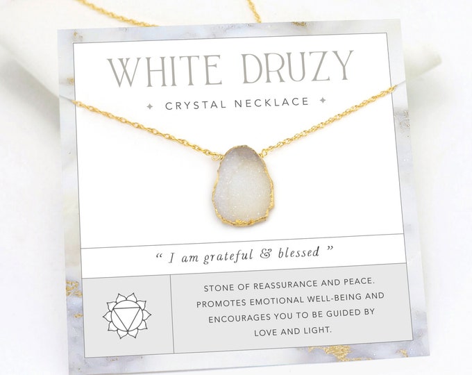 White Druzy Crystal Necklace, Peace Crystal Necklace on Card Gift, Raw Cut Gemstone Slice Pendant, Minimalist Stone Layering Choker Gold