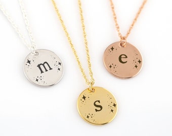 Personalized Letter Initial, Rose Gold Moon and Star Engraved Letter Pendant, Jewelry Gift Under 30 Unique Celestial Monogram Pendant