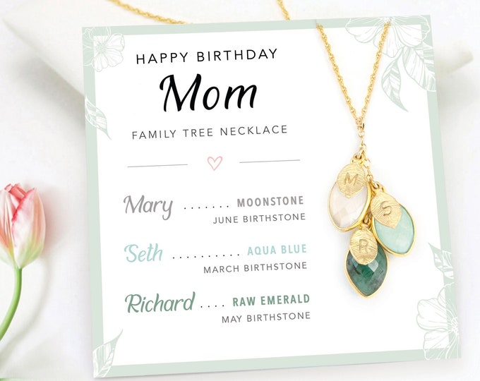 Personalized Birthday Gift Necklace Card, Custom Greeting Card for Mom, Necklace on Card, Family Tree Necklace with Birthstone for Mom Gift