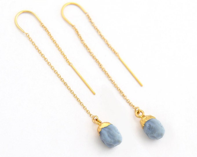 Something Blue Bridal Long Threader Earrings With Blue Opal, Dainty Minimalist Unique Jewelry for Bride on Wedding Day, 14k Gold filled