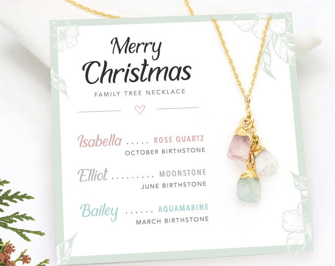 Personalized Crystal Necklace for Mom, Necklace on a Greeting Card, Raw Birthstone Birthday Gift for Mom from Daughter, Family Tree Jewelry