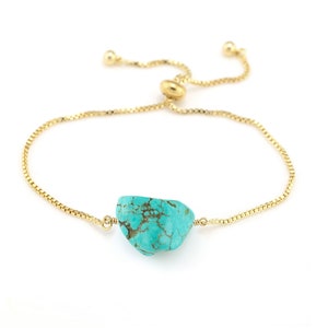 Raw Turquoise Stacking Bracelet, Adjustable Gold Box Chain Pull Tie Bracelet, Wire Wrapped Gemstone, Boho Summer Jewelry, Everyday Jewelry