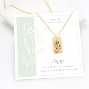Poppy Flower Necklace, August Birth Flower Necklace, Holiday Gift for Her, Square Gold Pendant, Handmade Personalized Gift, Floral Jewelry