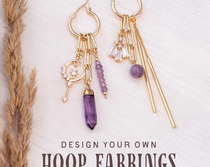 Customizable Hoops, Build Your Own Custom Charm Huggies, Stacking Hoop Set, Crystal Gemstone Charm Earrings, Custom Birthstone Earrings Gift