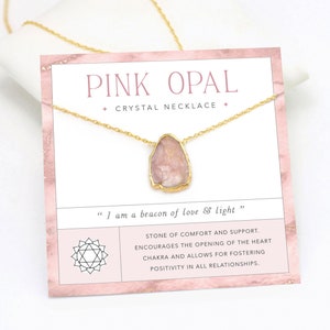 Pink Opal Gem Necklace, Love Heart Chakra Crystal Choker, Comfort Support Condolences Breakup Gift, Dainty Gold Chain, October Birthstone