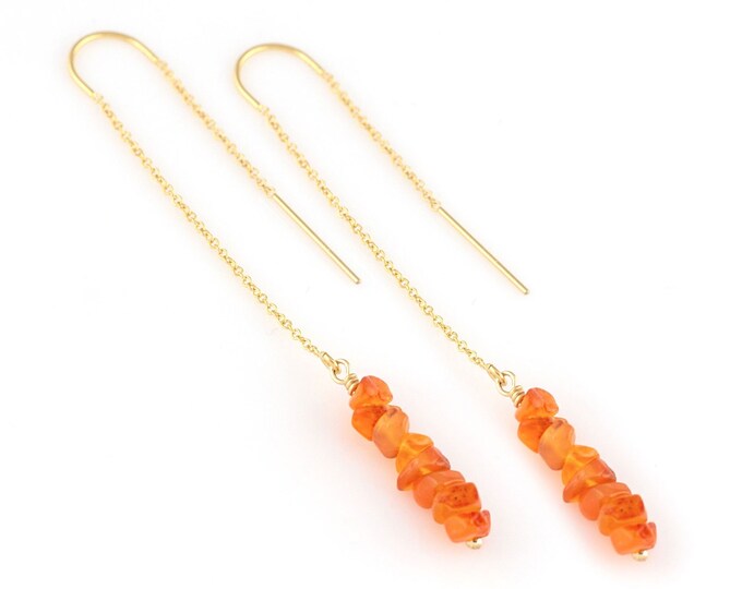 Orange Carnelian Crystal Threader Earrings, Handmade Raw Stone Jewelry, Rough Orange Gemstone Threaders, 21st birthday gift for Her