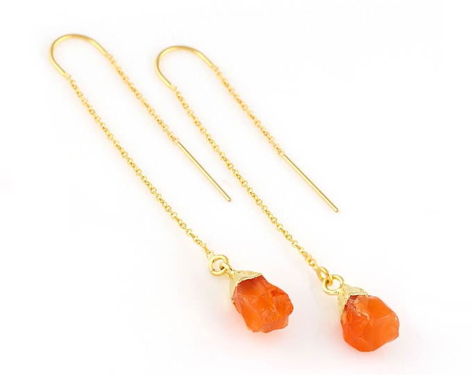 Dainty Carnelian Crystal Threaders, Gold Filled Gemstone Threader Earrings, Raw  Crystal Jewelry Gift, Love Confidence Reiki Chakra
